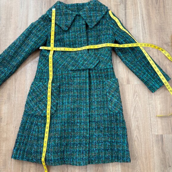 Vintage Green Tweed Coat Plaid Long Coat Wool  Unique Artsy S - Picture 8 of 11